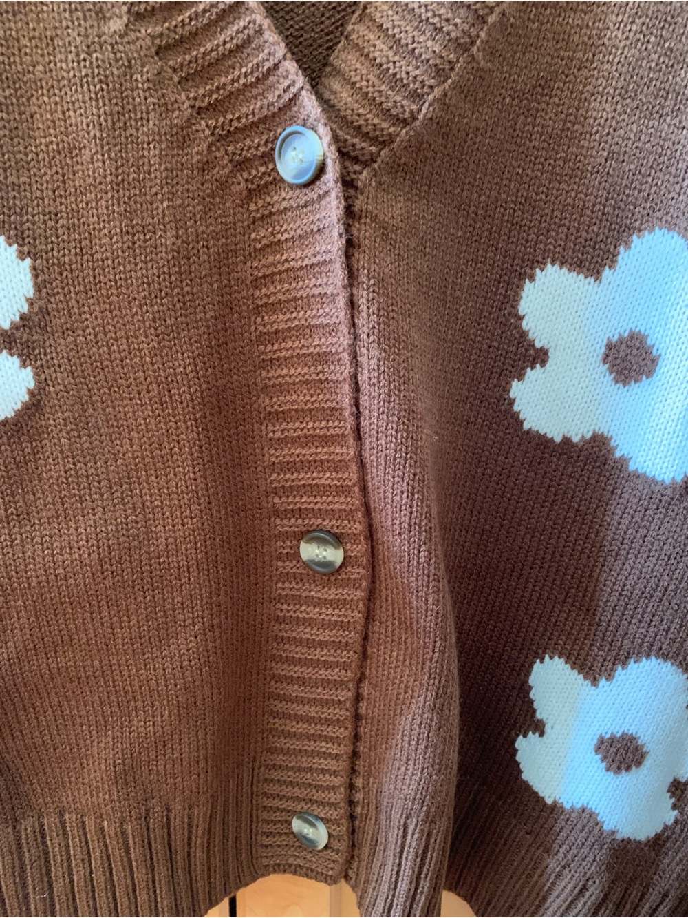 Love Tree Brown Cropped Floral Button Cardigan with Cream Flowers - Picture 7 of 12